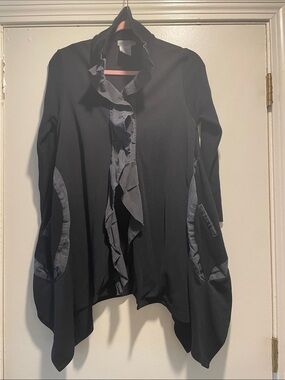 Dzhavel Couture Black  Textured Ruffled Cardigan Tunic Sweater